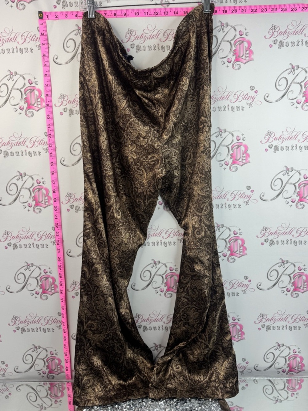Reitmans pants flare leg flowy gold shiny Brown Paisley-Print Wide Leg Pants - Picture 2 of 10